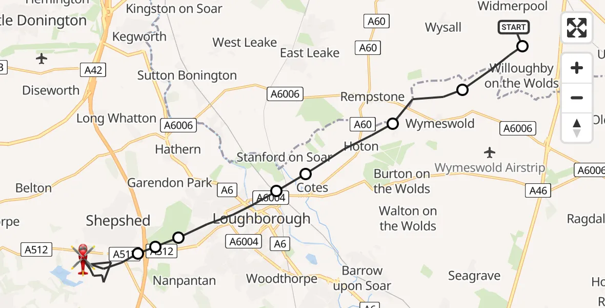 Flight route Air Ambulance Helicopter Widmerpool - Shepshed, 08 June 2026, 15:08