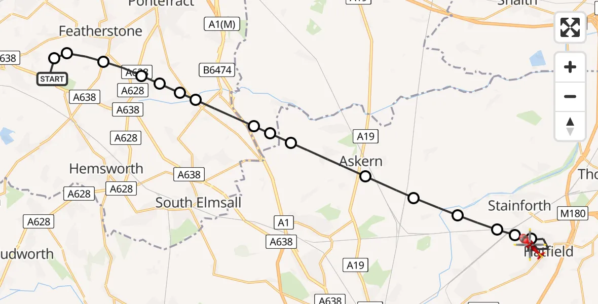 Flight route Air Ambulance Helicopter YAA Nostell Helicopter Port - Hatfield, 08 June 2026, 15:13