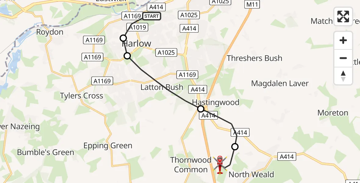Flight route Air Ambulance Helicopter Harlow - North Weald Airfield, 08 June 2026, 15:19