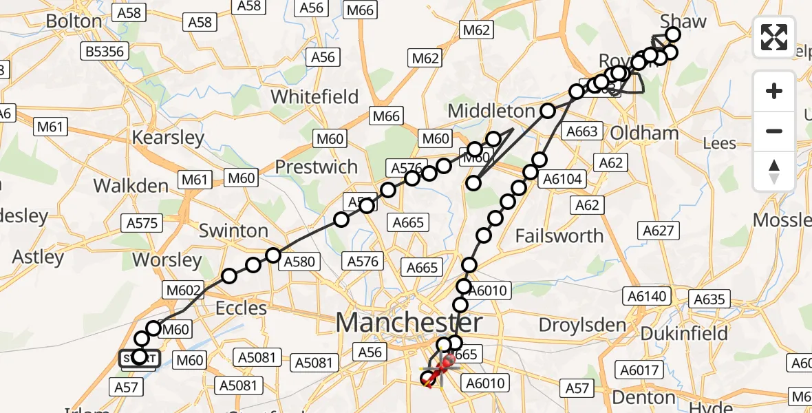 Flight route Air Ambulance Helicopter Manchester Barton Aerodrome - Chorlton-on-Medlock, 08 June 2026, 15:21