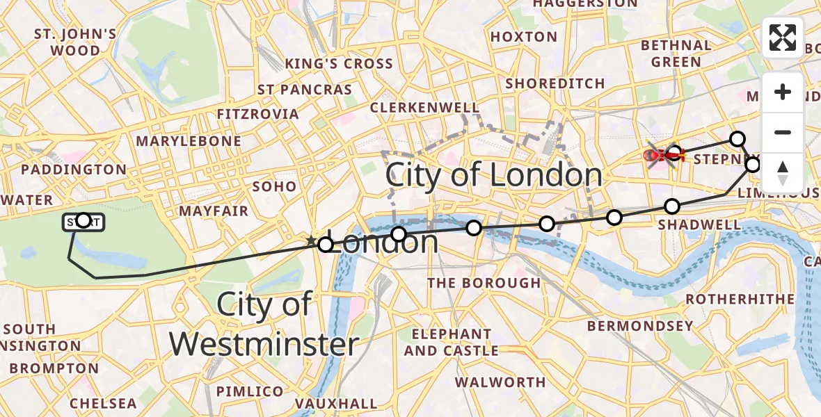 Flight route Air Ambulance Helicopter City of Westminster - Royal London Hospital, 08 June 2026, 15:22