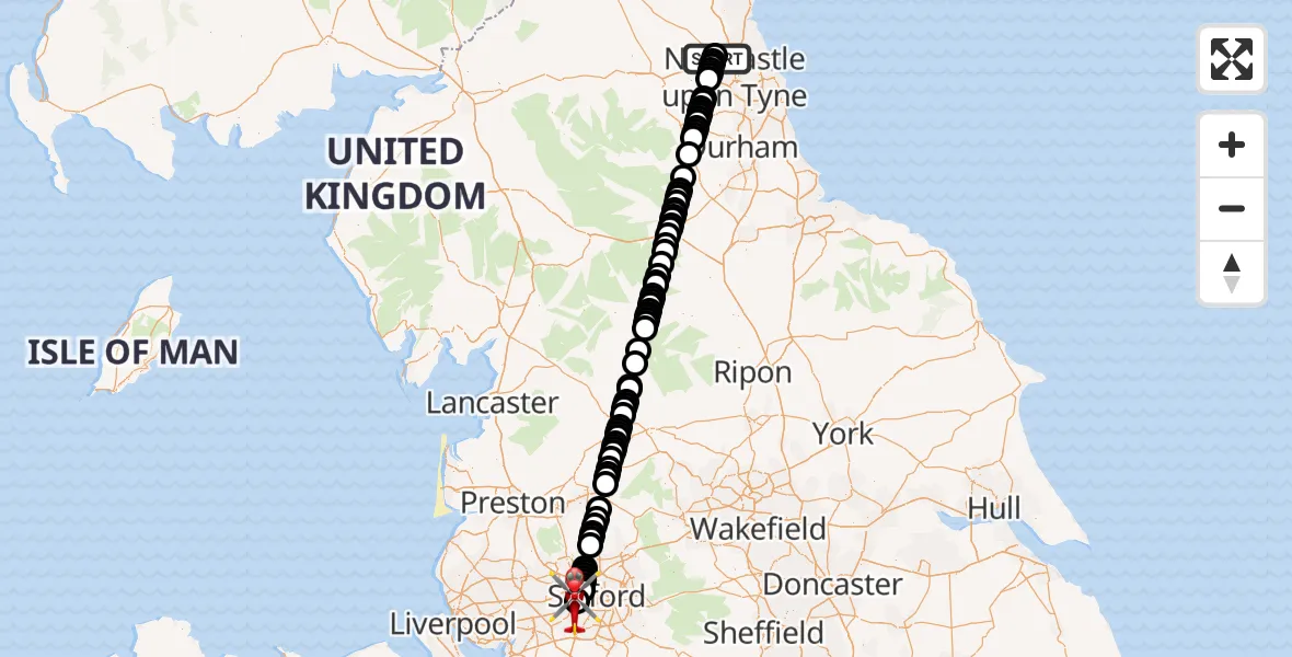 Flight route Air Ambulance Helicopter Newcastle International Airport - Manchester Barton Aerodrome, 08 June 2026, 15:25