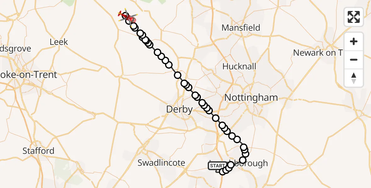 Flight route Air Ambulance Helicopter Shepshed - Youlgreave, 08 June 2026, 15:26