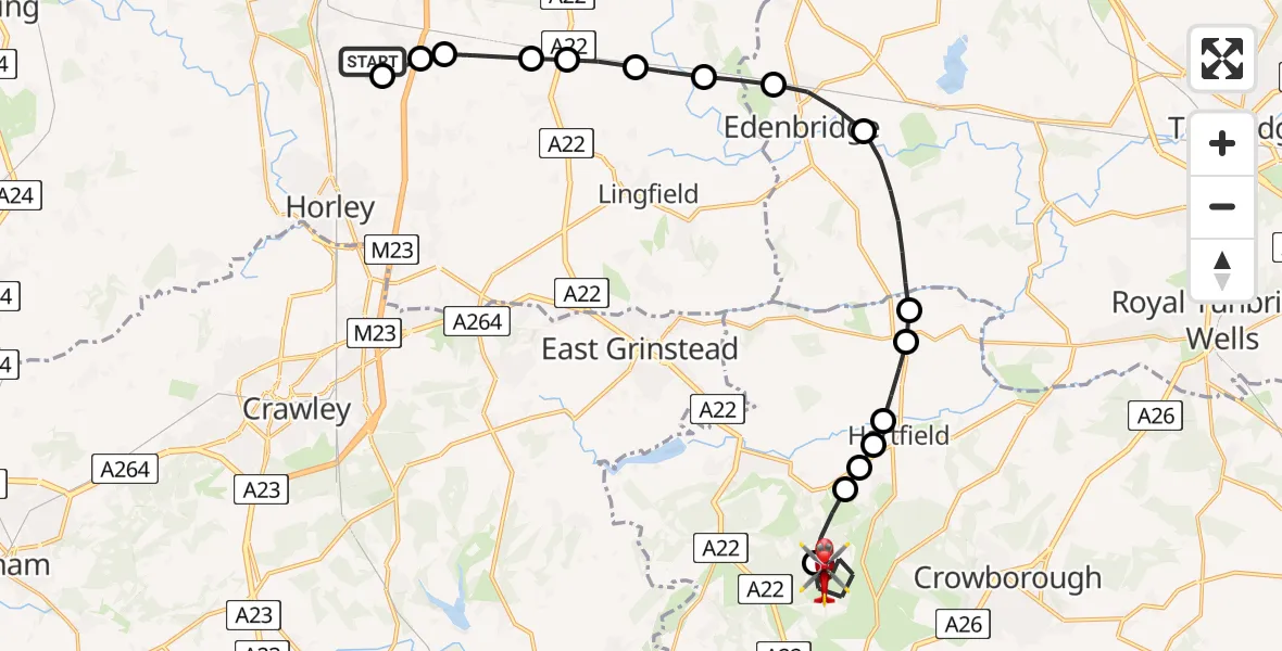 Flight route Air Ambulance Helicopter Redhill Aerodrome - Wealden, 08 June 2026, 15:31