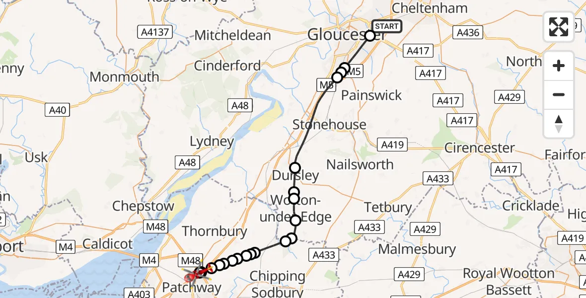 Flight route Air Ambulance Helicopter Tewkesbury - Almondsbury Helicopter Base, 08 June 2026, 15:33