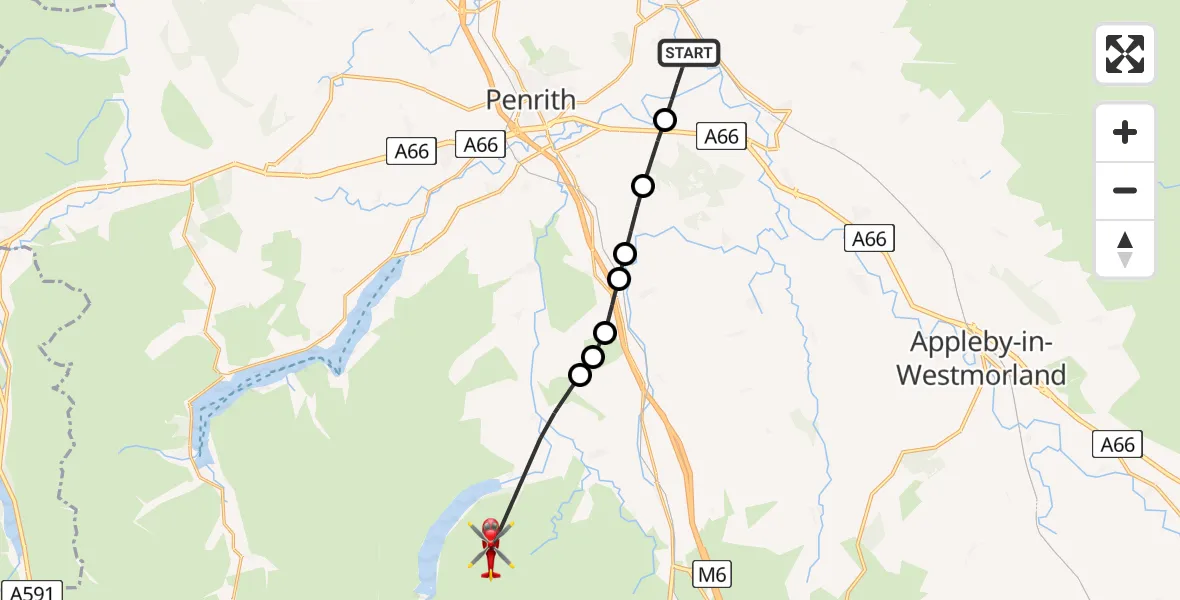 Flight route Air Ambulance Helicopter Edenhall - Shap Rural, 08 June 2026, 15:33