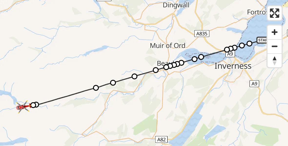 Flight route Air Ambulance Helicopter Inverness - Highland, 08 June 2026, 15:34