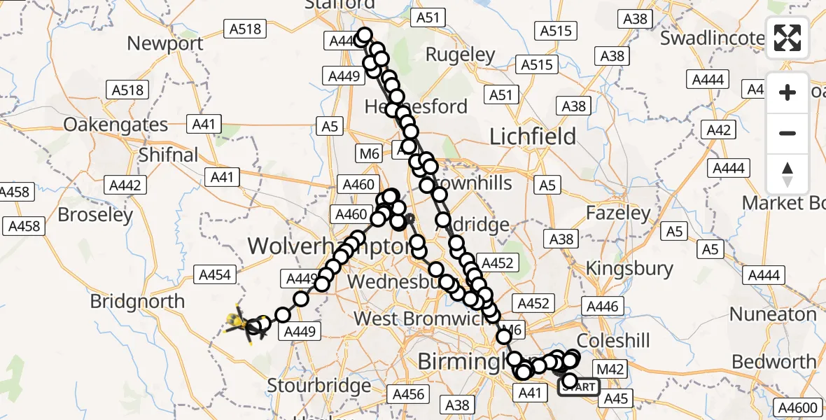 Flight route Police Helicopter Birmingham Airport - Bobbington, 08 June 2026, 15:41