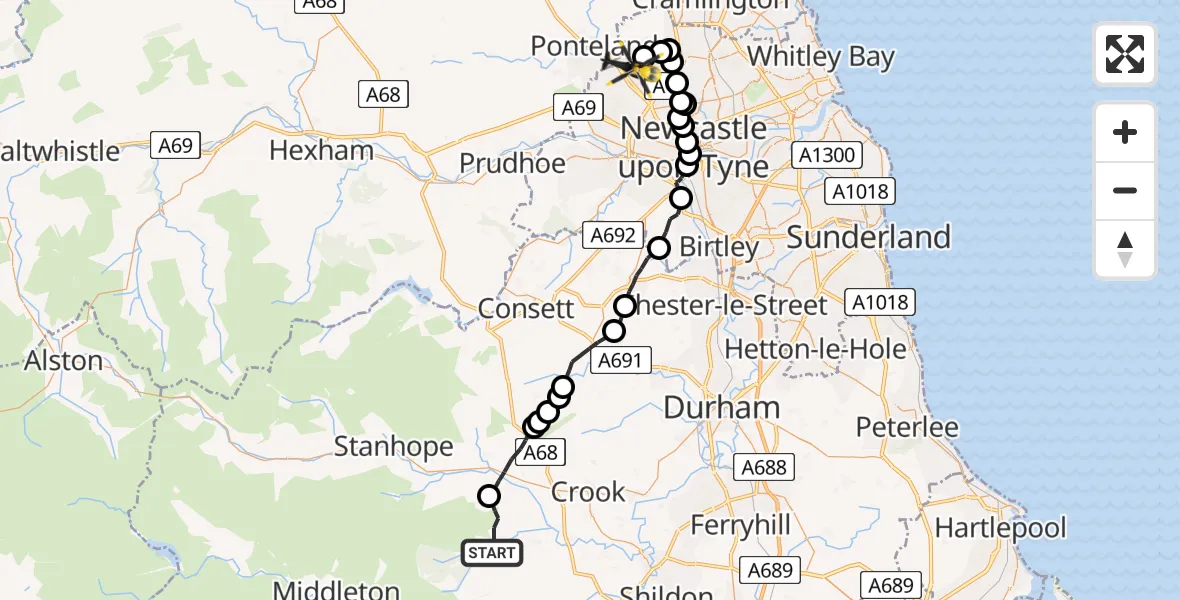 Flight route Police Helicopter South Bedburn - Newcastle International Airport, 08 June 2026, 15:42