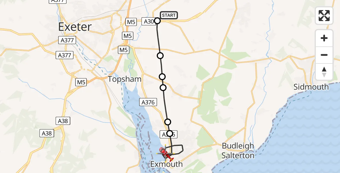 Flight route Air Ambulance Helicopter Exeter International Airport - Exmouth, 08 June 2026, 15:46