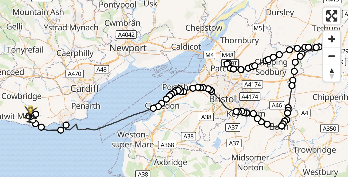 Flight route Police Helicopter Almondsbury Helicopter Base - Flemingston, 08 June 2026, 15:48