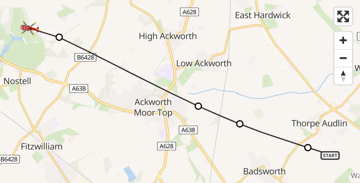 Flight route Air Ambulance Helicopter Thorpe Audlin - Wragby, 08 June 2026, 15:55