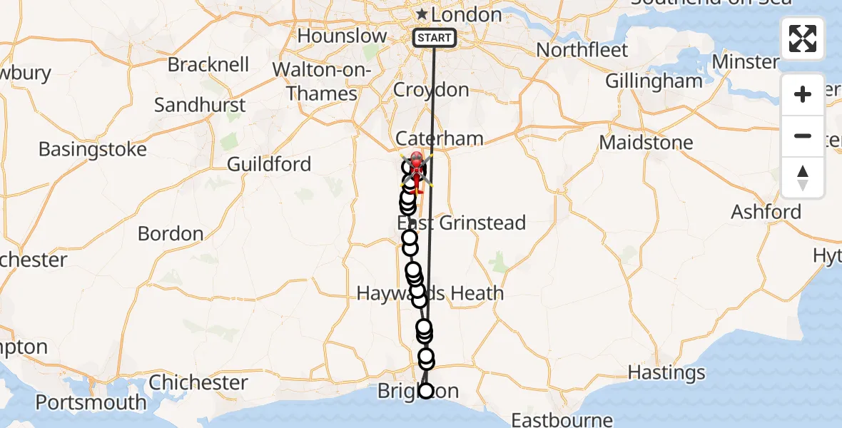 Flight route Air Ambulance Helicopter Kings College London Hospital - Redhill Aerodrome, 08 June 2026, 15:59