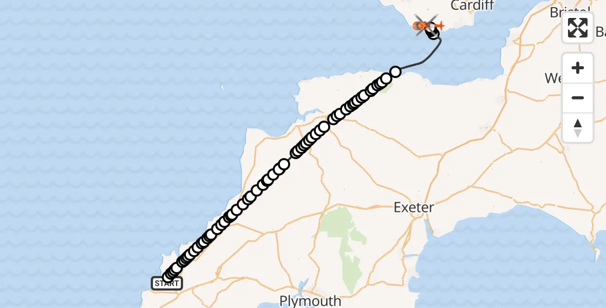 Flight route Coastguard Helicopter Cornwall Airport Newquay - MOD St Athan, 08 June 2026, 16:01