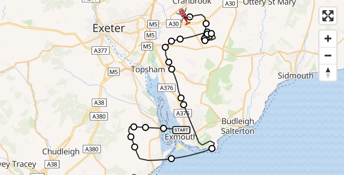 Flight route Air Ambulance Helicopter Exmouth - Exeter International Airport, 08 June 2026, 16:01