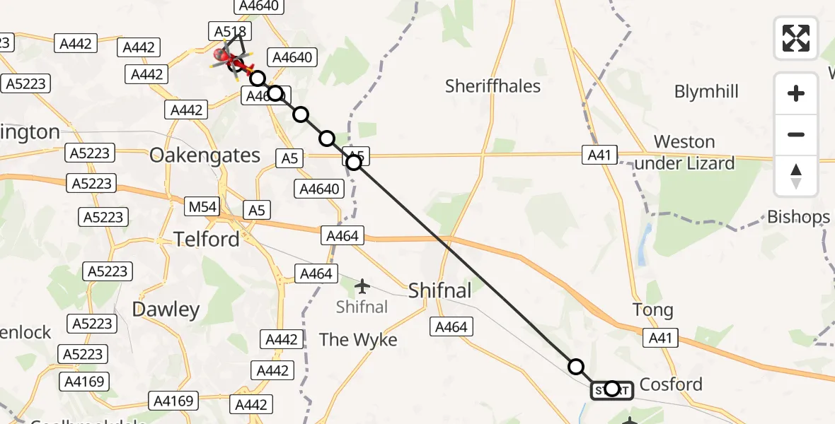 Flight route Air Ambulance Helicopter RAF Cosford - Telford, 08 June 2026, 16:02