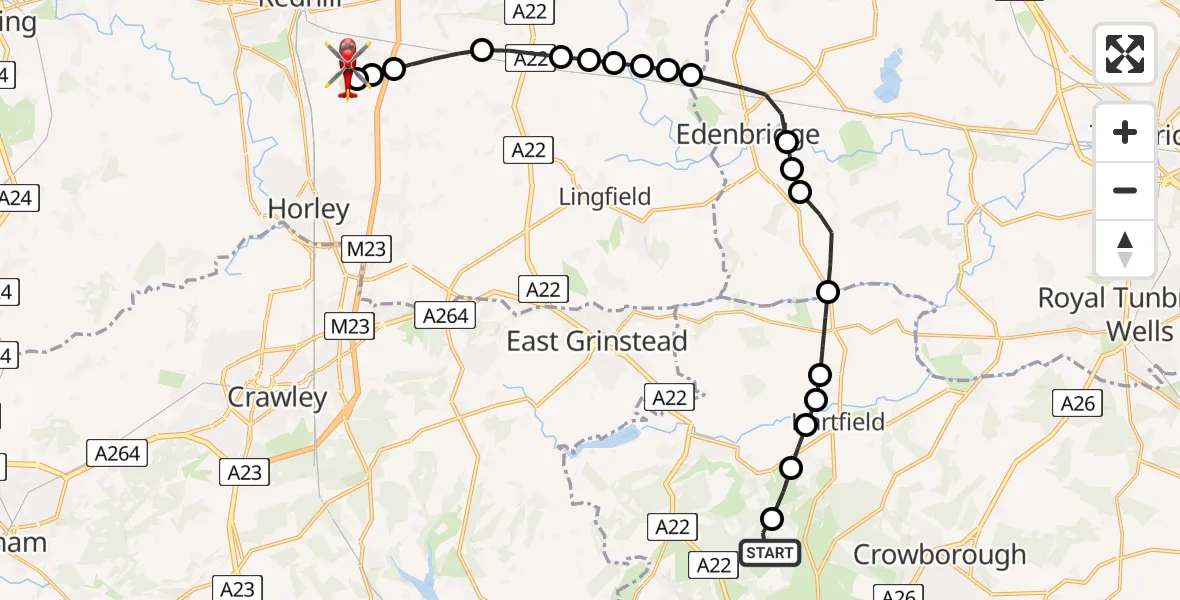 Flight route Air Ambulance Helicopter Wealden - Redhill Aerodrome, 08 June 2026, 16:10