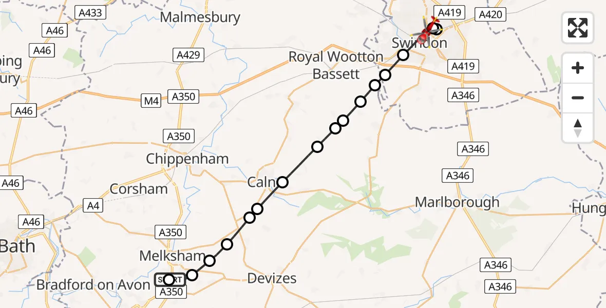 Flight route Air Ambulance Helicopter Wiltshire Air Ambulance - Swindon, 08 June 2026, 16:21