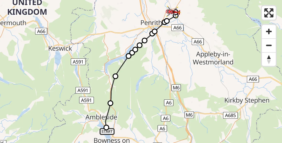 Flight route Air Ambulance Helicopter Troutbeck Bridge - Edenhall, 08 June 2026, 16:21