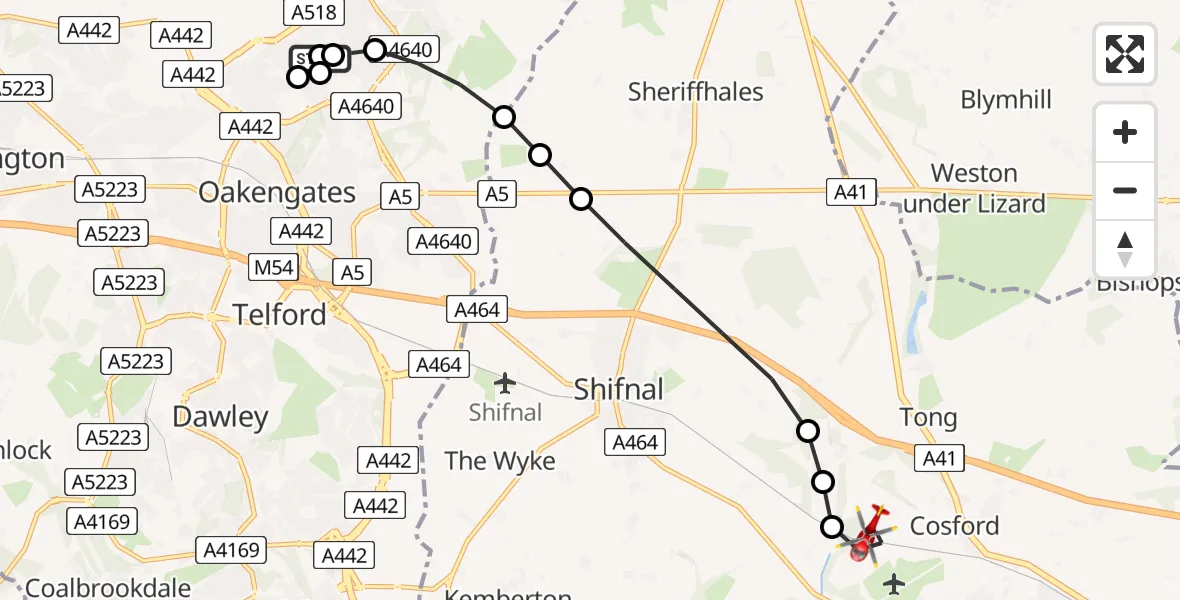 Flight route Air Ambulance Helicopter Telford - Cosford, 08 June 2026, 16:32