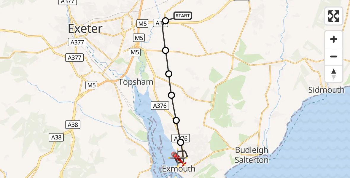 Flight route Air Ambulance Helicopter Exeter International Airport - Exmouth, 08 June 2026, 16:32
