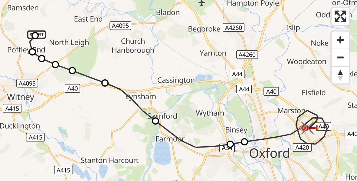 Flight route Air Ambulance Helicopter Poffley End - Oxford, 08 June 2026, 16:45