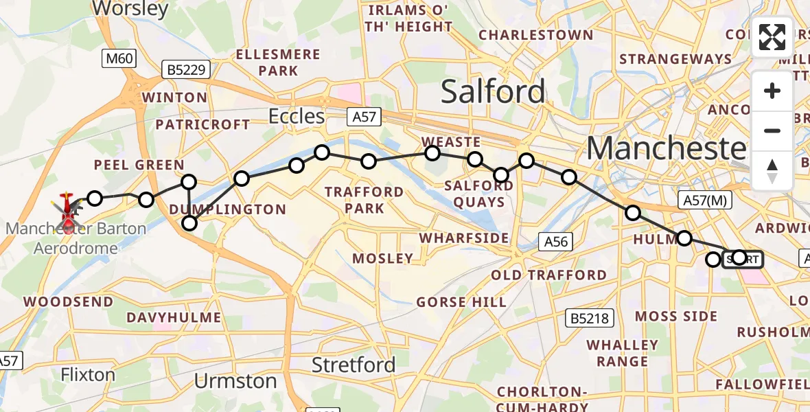 Flight route Air Ambulance Helicopter Ardwick - Manchester Barton Aerodrome, 08 June 2026, 16:49
