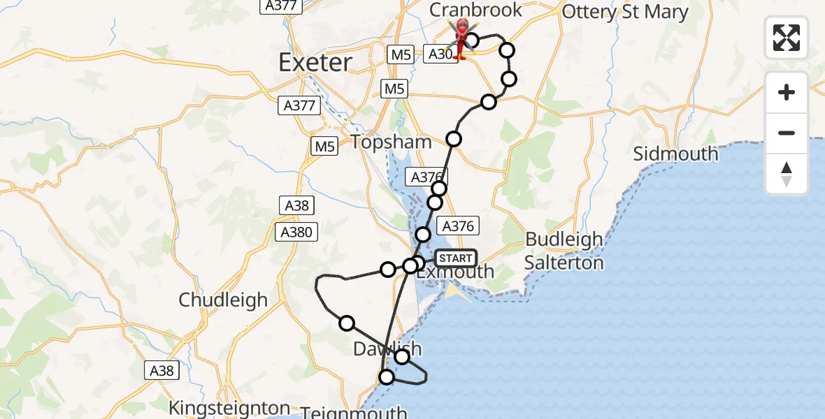 Flight route Air Ambulance Helicopter Exmouth - Exeter International Airport, 08 June 2026, 16:49