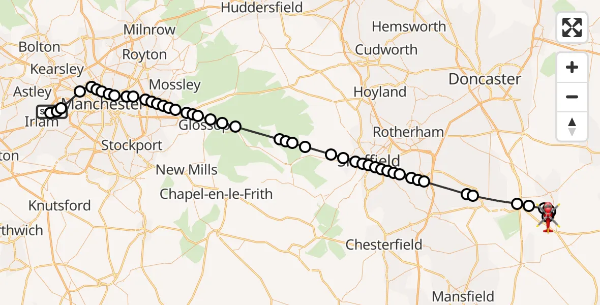Flight route Air Ambulance Helicopter Manchester Barton Aerodrome - Retford Gamston Airport, 08 June 2026, 16:49