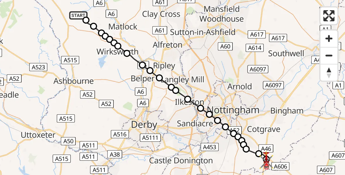 Flight route Air Ambulance Helicopter Middleton by Youlgrave - Nottingham Heliport, 08 June 2026, 16:56