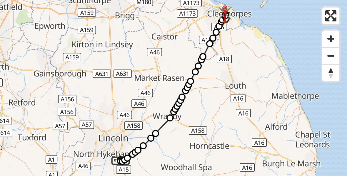 Flight route Air Ambulance Helicopter RAF Waddington - Old Clee, 08 June 2026, 17:00