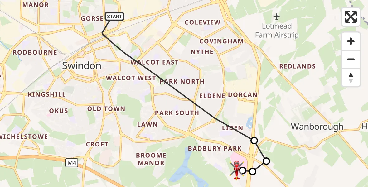 Flight route Air Ambulance Helicopter Swindon - Great Western Hospital, 08 June 2026, 17:07