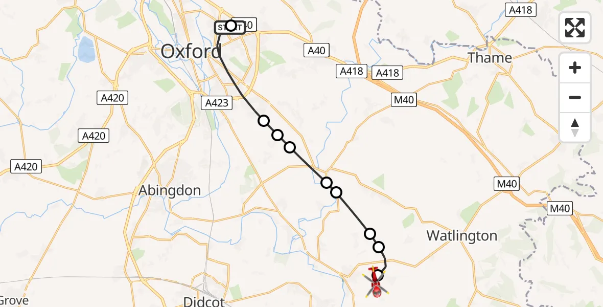 Flight route Air Ambulance Helicopter John Radcliffe Hospital - RAF Benson, 08 June 2026, 17:26