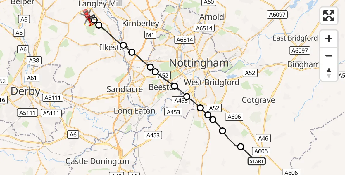 Flight route Air Ambulance Helicopter Widmerpool - Marlpool, 08 June 2026, 17:49