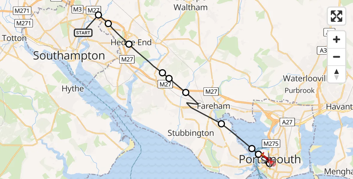 Flight route Air Ambulance Helicopter St Denys - Old Portsmouth, 08 June 2026, 18:10