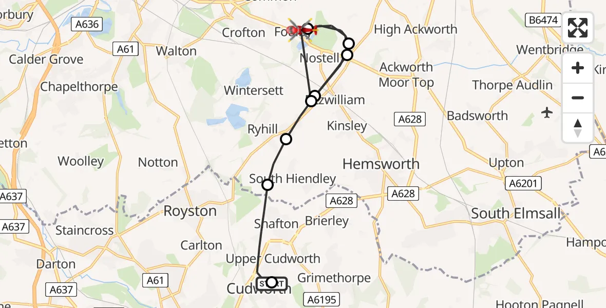 Flight route Air Ambulance Helicopter Barnsley - YAA Nostell Helicopter Port, 08 June 2026, 18:15