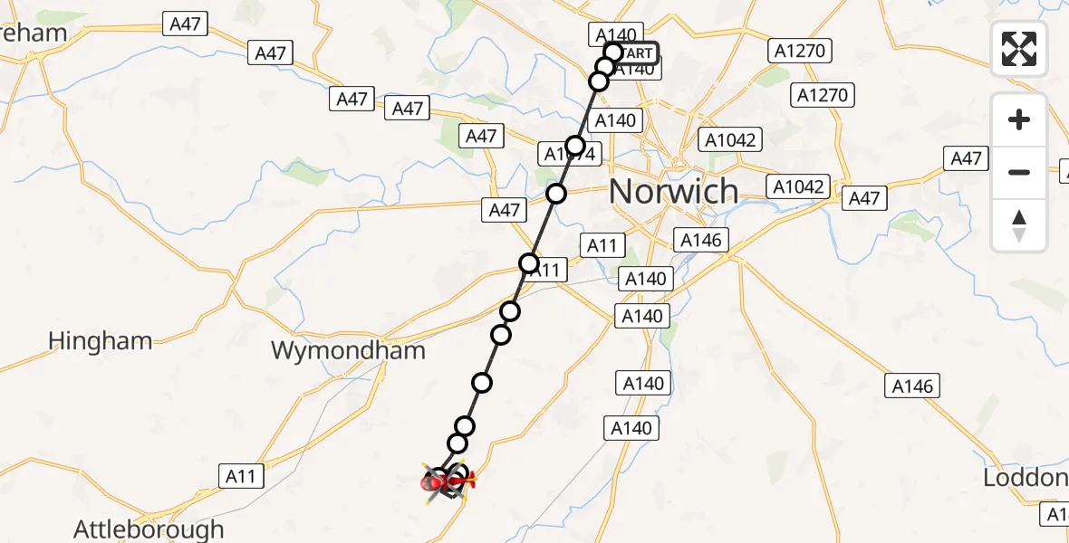 Flight route Air Ambulance Helicopter Norwich Airport - Wreningham, 08 June 2026, 18:15