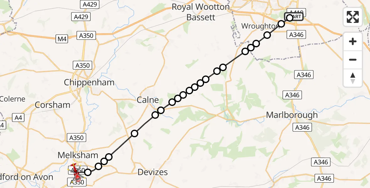 Flight route Air Ambulance Helicopter Great Western Hospital - Melksham, 08 June 2026, 18:16