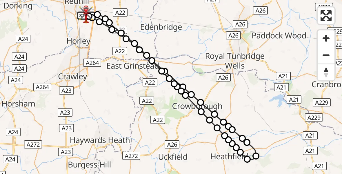 Flight route Air Ambulance Helicopter Redhill Aerodrome - Redhill Aerodrome, 08 June 2026, 18:16
