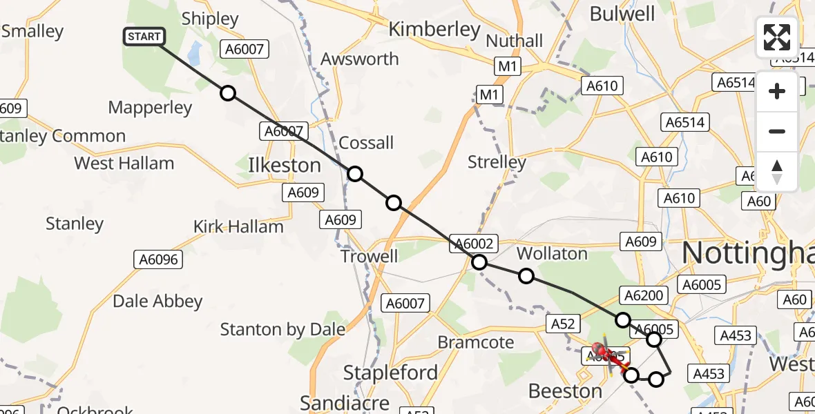 Flight route Air Ambulance Helicopter Shipley - Beeston, 08 June 2026, 18:18