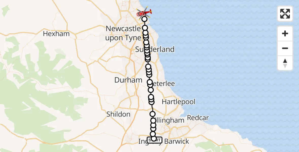 Flight route Air Ambulance Helicopter Egglescliffe - Whitley Bay, 08 June 2026, 18:20