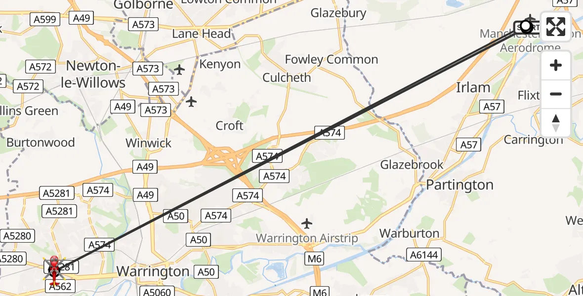 Flight route Air Ambulance Helicopter Manchester Barton Aerodrome - Great Sankey, 08 June 2026, 18:27