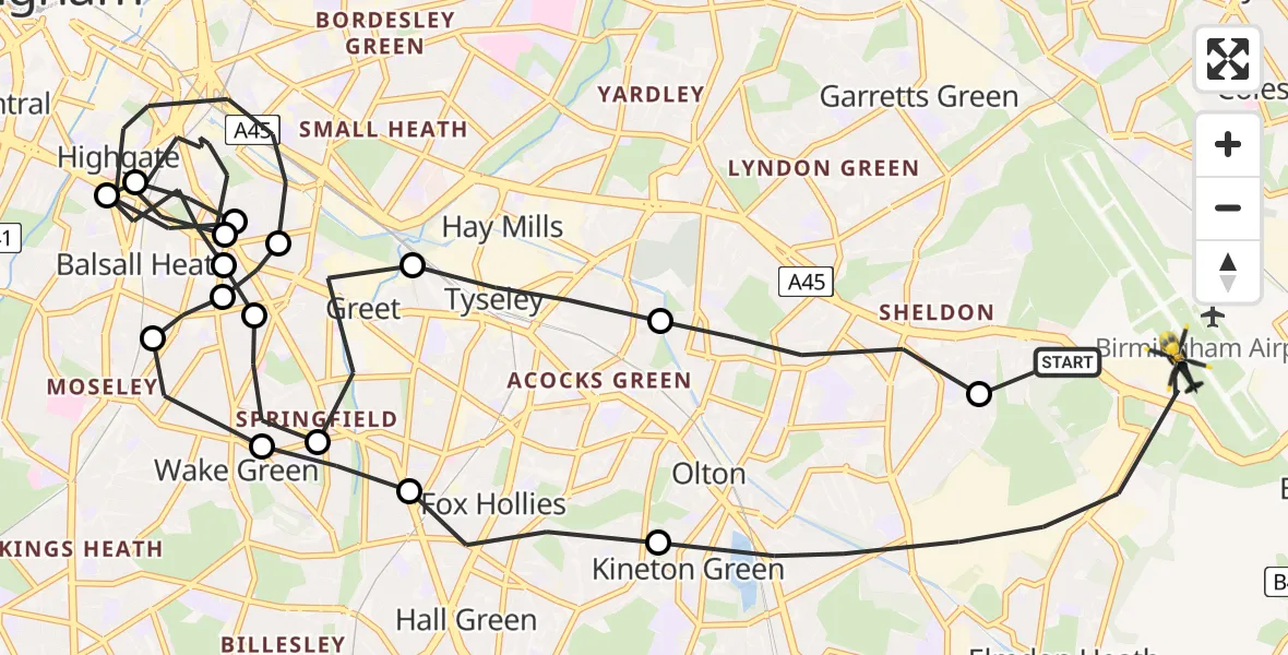 Flight route Police Helicopter Birmingham Airport - Birmingham Airport, 08 June 2026, 18:43