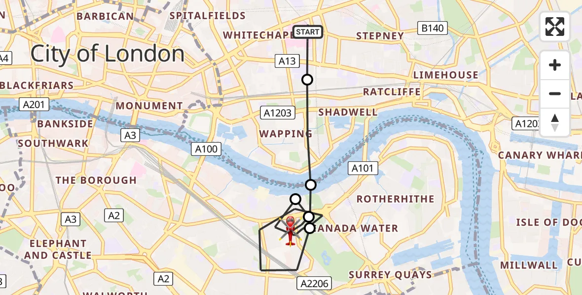 Flight route Air Ambulance Helicopter Royal London Hospital - Bermondsey, 08 June 2026, 18:47