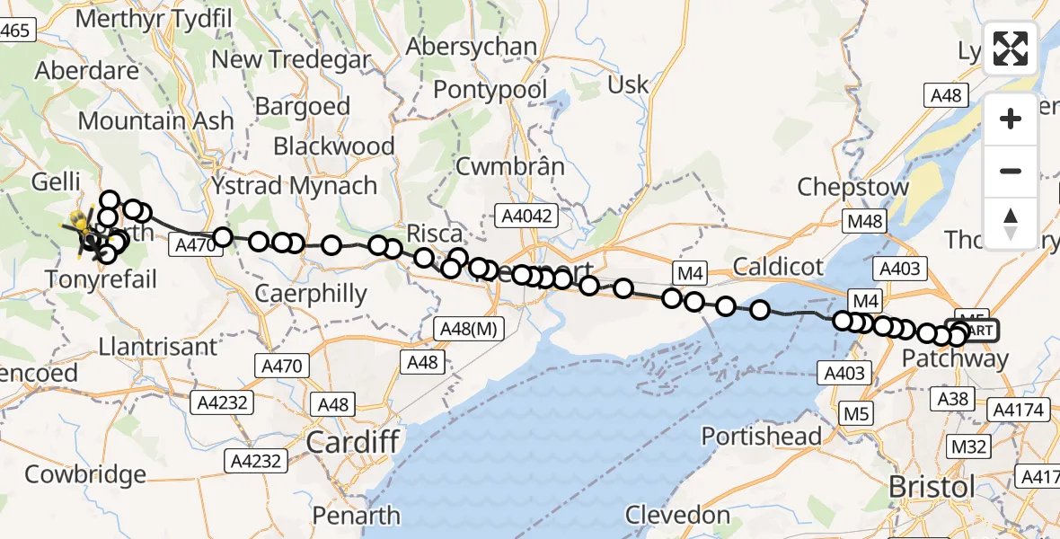 Flight route Police Helicopter Almondsbury Helicopter Base - Tonypandy, 08 June 2026, 19:01