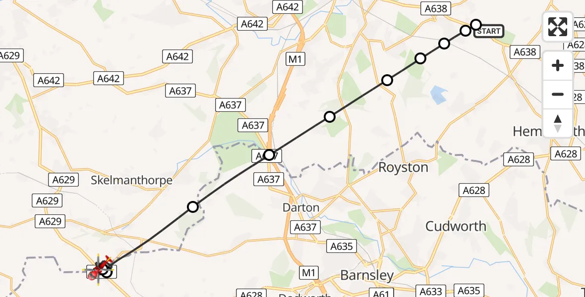 Flight route Air Ambulance Helicopter YAA Nostell Helicopter Port - Denby Dale, 08 June 2026, 19:04