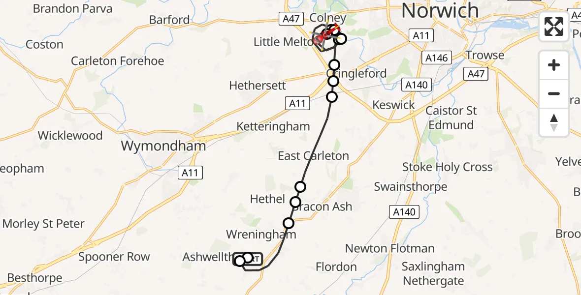 Flight route Air Ambulance Helicopter Ashwellthorpe and Fundenhall - Norfolk & Norwich Hospital, 08 June 2026, 19:05
