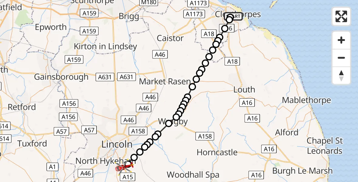 Flight route Air Ambulance Helicopter Cleethorpes - North Kesteven, 08 June 2026, 19:10