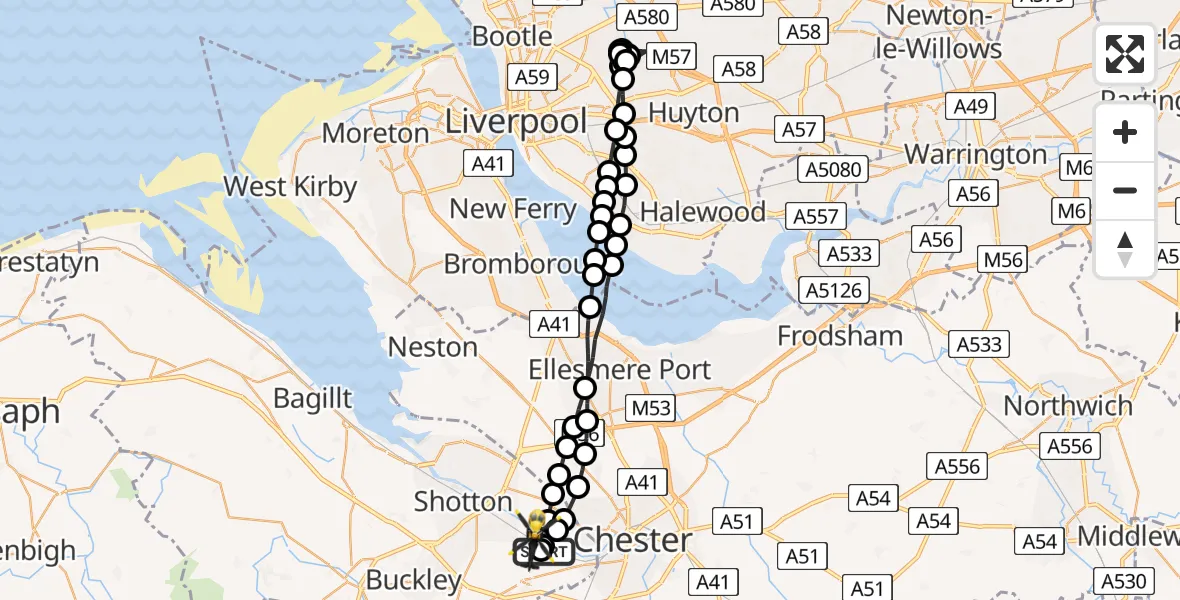Flight route Police Helicopter Hawarden Airport - Saltney Ferry, 08 June 2026, 19:11