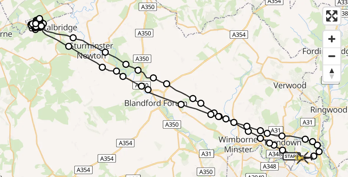 Flight route Police Helicopter Parley Cross - Bournemouth Airport, 08 June 2026, 19:27